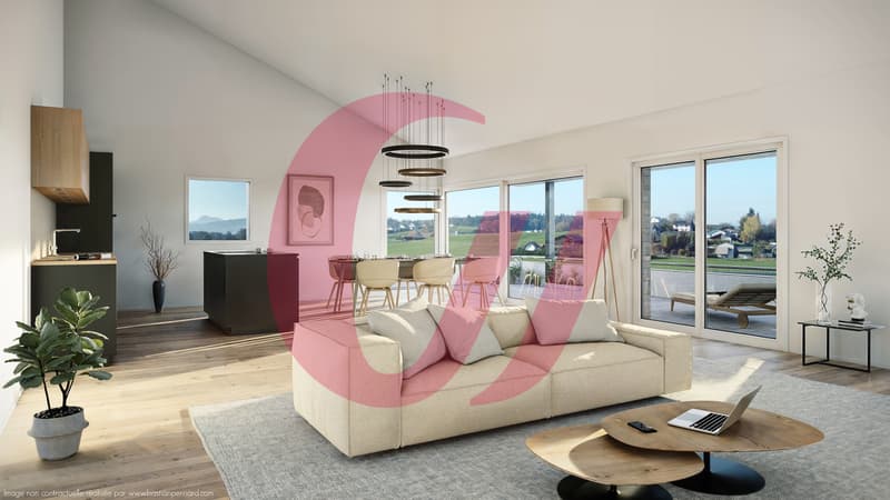 un salon moderne avec de grandes fenêtres, un canapé et une table blancs / a modern living room with large windows and a white couch and table