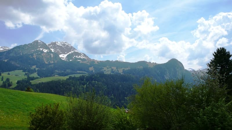 The image shows a scenic mountain landscape with snow-capped peaks, green hills, and lush forests. The sky is partly cloudy, creating a picturesque and tranquil atmosphere. The view showcases the natural beauty of the region.