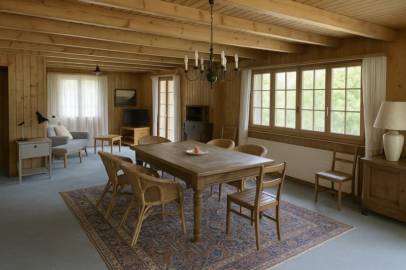 Dining room with wooden dining table, rattan chairs, chandelier, wooden floors, and panoramic windows.