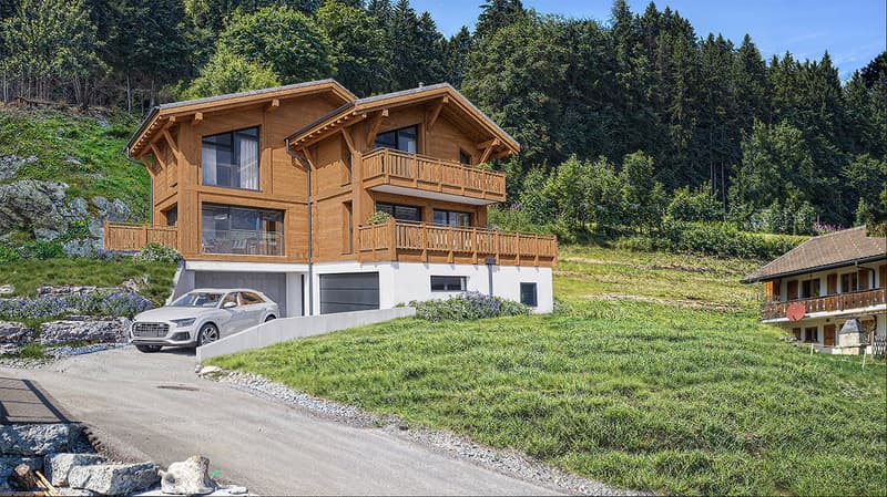 "Magnifique chalet neuf de 4,5 pièces avec vue panoramique sur les montagnes"