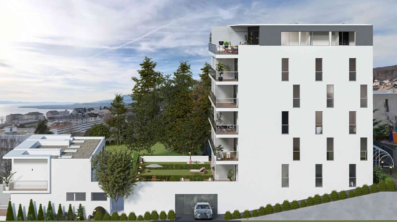 Modern multi-story building with multiple balconies, entrance with garage, garden, green spaces