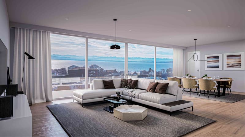 open floor plan, white couch, white carpet, large windows, cityscape, sea view