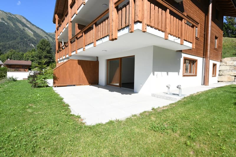 wooden and white house, wooden balcony, large windows, mountain in the background