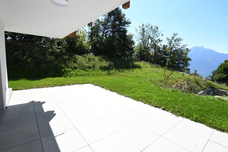 terraced backyard with a grassy hill and beautiful mountain view