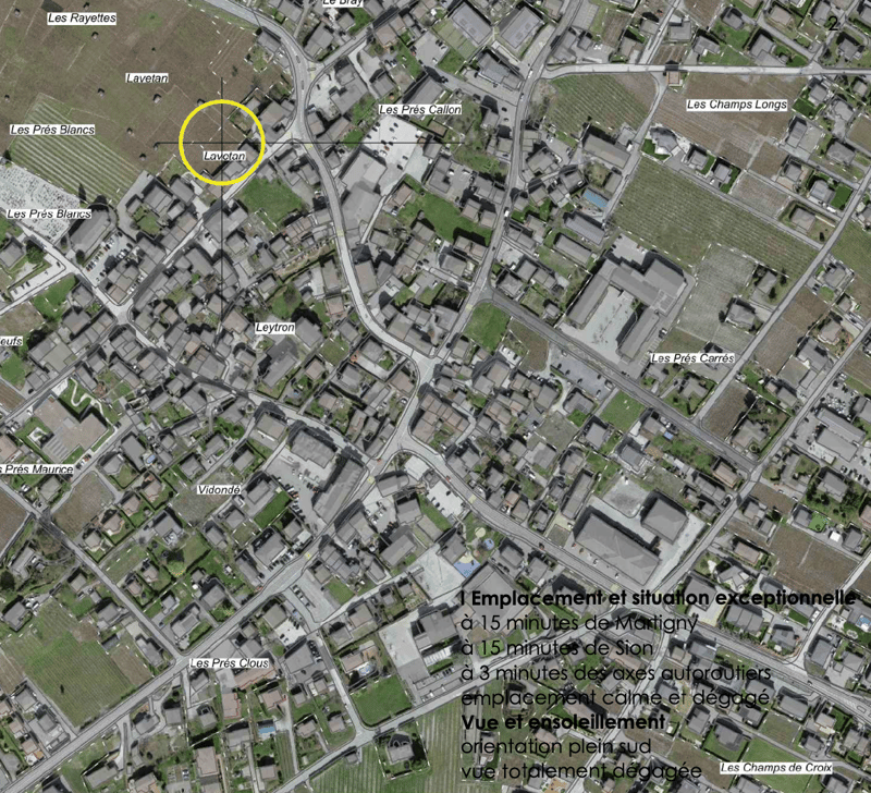 15 minutes from Martigny and Sion, 3 minutes from motorway, quiet and detached, south-facing, completely open view