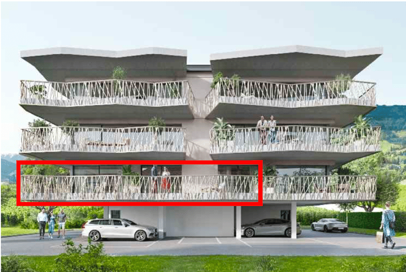 Multistory apartment building with balconies, underground parking.