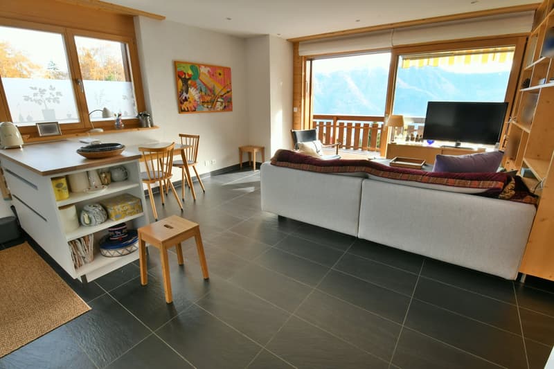 Living room with sofa, table, chairs, kitchen island, TV, windows, balcony, wooden flooring, wooden furniture, open shelves, carpet
