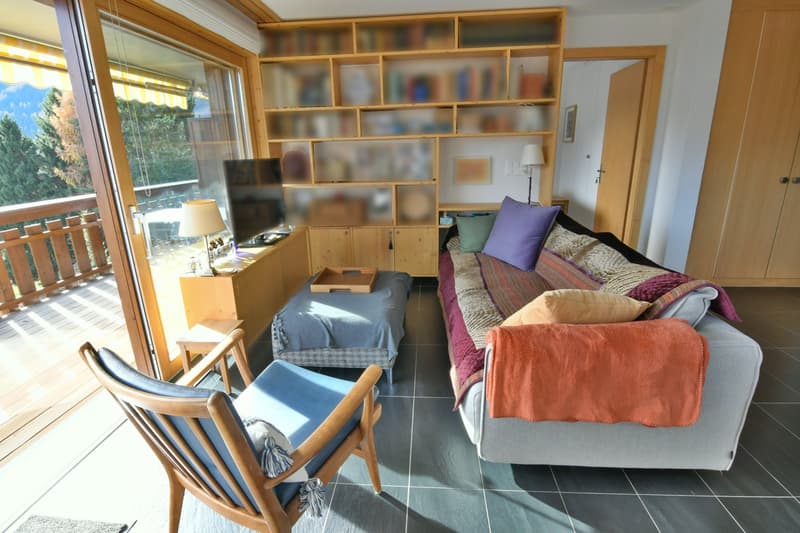 open plan living room, large couch, tv stand, wooden shelves, balcony, desk, lamp, wooden chair