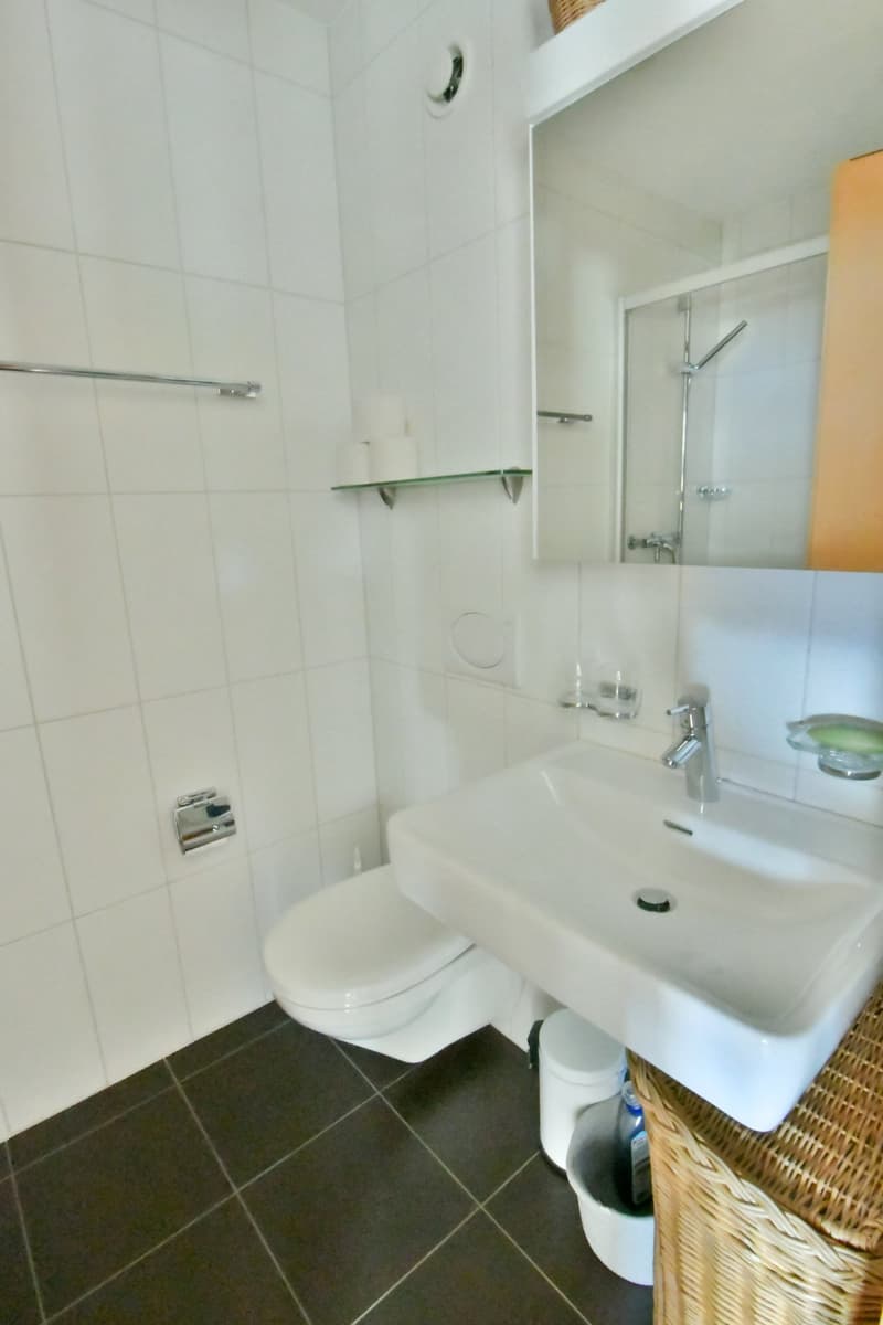 white bathroom tiles, modern fixtures, glass shelf, round mirror, pedestal sink, toilet, wastebasket