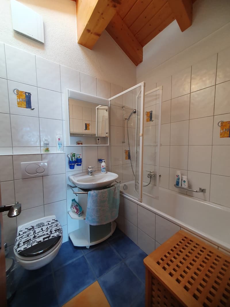 white ceramic tiles, blue tiled floor, white bathtub with glass door, white sink with wooden cabinet, mirror above sink, shower area with shower head and curtain, white toilet, towel hanging on towel rack, wooden storage bench