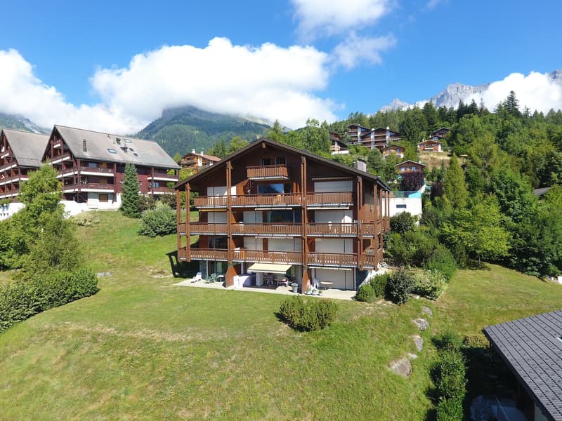 Modern apartment complex, brown wood, large balcony, green grassy area, trees, mountain in the distance