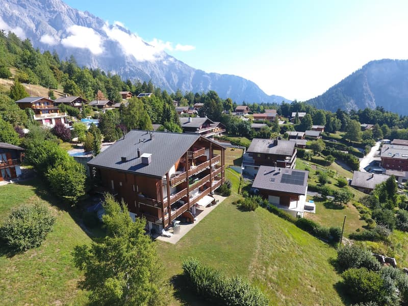 Brown chalet, large windows, balcony with railings, green lawn, swimming pool, trees, mountains in the background