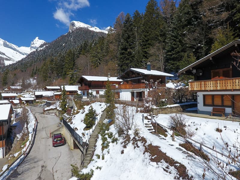 Mountain village with wooden chalets, snow-covered ground, pine trees, and a mountain range in the background.