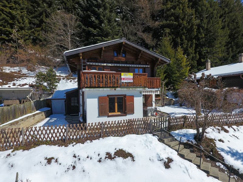 wooden chalet, balcony, snow covered ground, wooden fence, trees