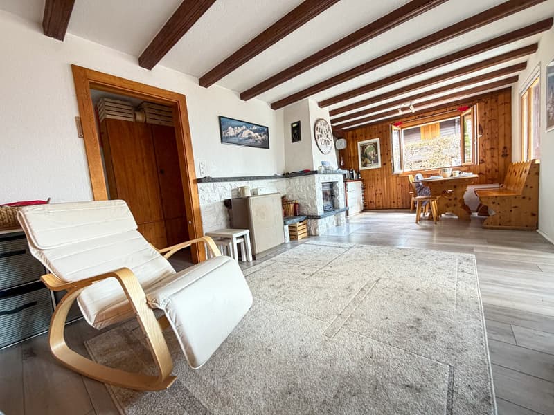 living room with fireplace, wooden floor, wooden ceiling, white walls, white couch, rug, wooden table, chairs, wooden cabinets, picture frames, clock, and a window