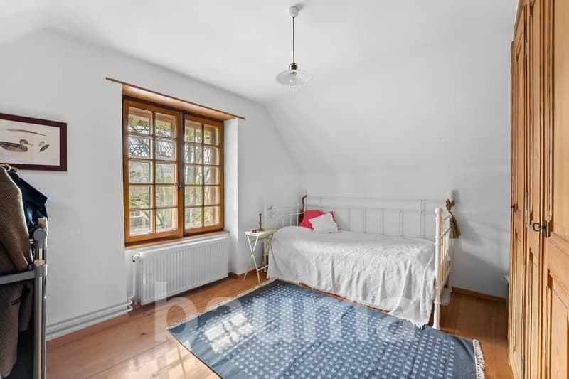 White walls, wooden floor, white bed with red pillow, small window with wooden frame, white radiator, hanging lamp, blue rug, wooden cabinet with open door