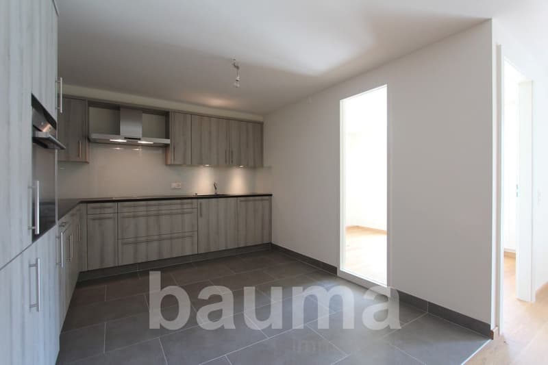 Modern kitchen with gray cabinets, black countertops, built-in appliances including a dishwasher, and tile flooring