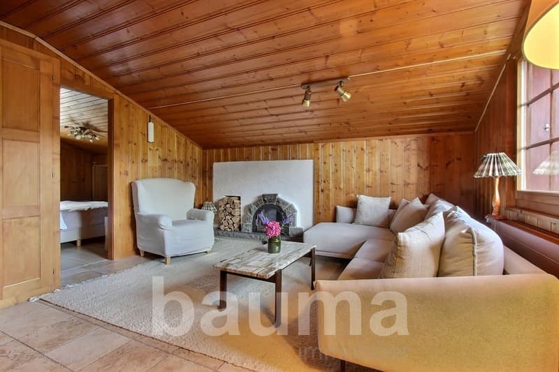 Cozy living room with wooden walls and ceiling, a fireplace, comfortable sofas and armchair, and a coffee table.