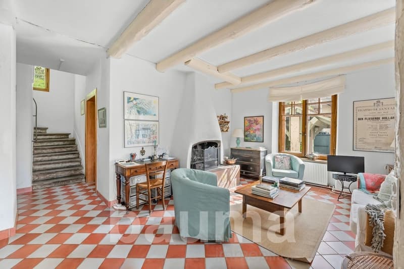 beamed ceiling, fireplace, checkered floor, white walls, radiator, desk, armchairs, TV, lamp, wooden cabinet, pictures on the wall