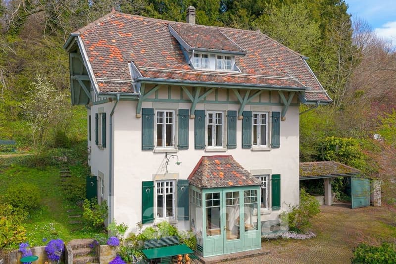 Detached house, raised ground floor, tiled roof, large garden, view of forest