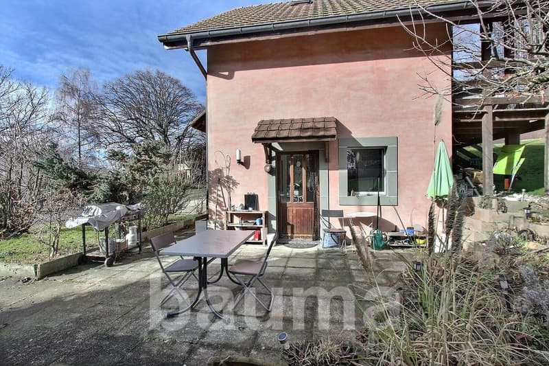 Single-family house, brick walls, brown roof, door, small porch, garden, table, chairs