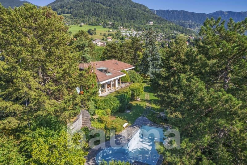 House with swimming pool, surrounded by trees, mountains in the background