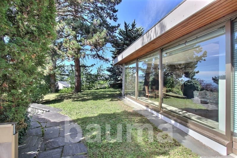 large glass windows, wooden wall, green grass, trees, pathway, outdoor table and chairs