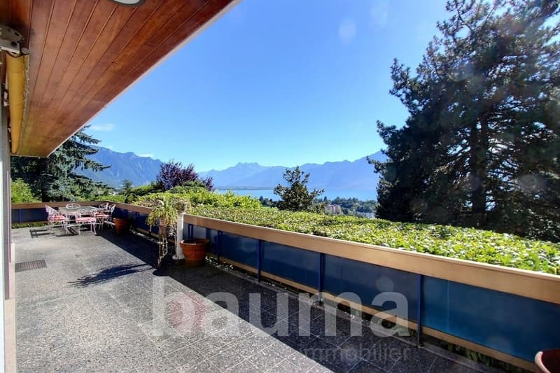 wooden ceiling, blue railing, table and chairs, plants, lake view, mountains