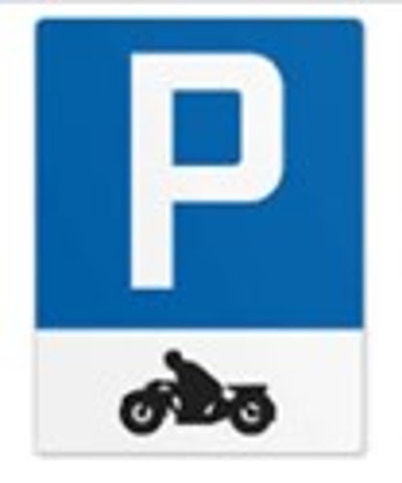 Blue and white parking sign with 'P' for parking and motorcycle icon