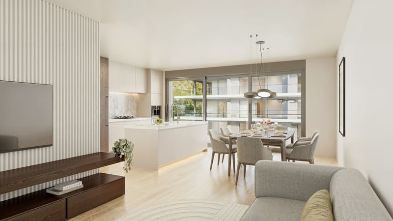 The image shows an open concept living room and kitchen area with large windows providing a view of the outdoors. The kitchen features white cabinets and countertops, with a central island. The living room has a TV stand and a sofa, and the dining area ha
