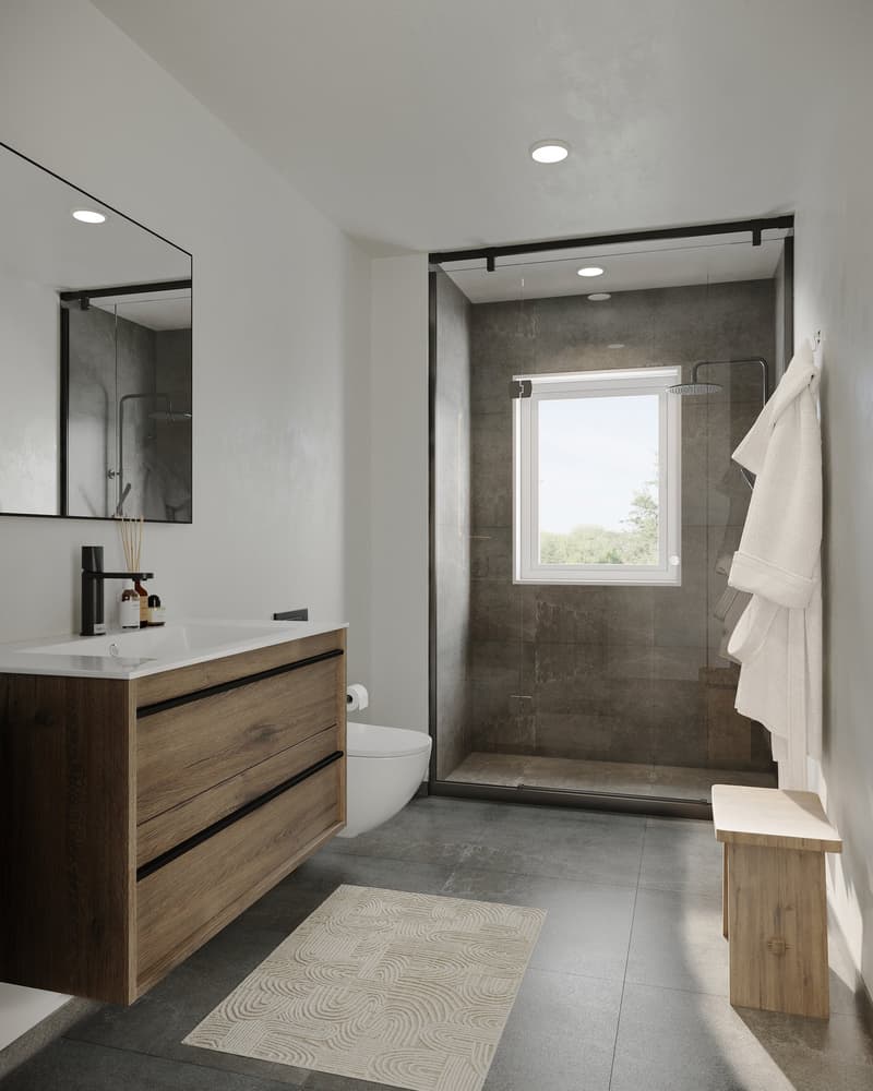 modern bathroom, large mirror, white countertop, wooden vanity, shower with glass door, small window