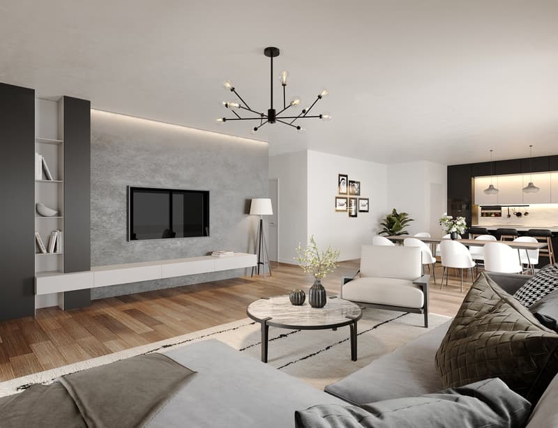 modern interior with wooden floor, gray sofa, white walls, central chandelier, tv mounted on wall, white shelves, table with vases