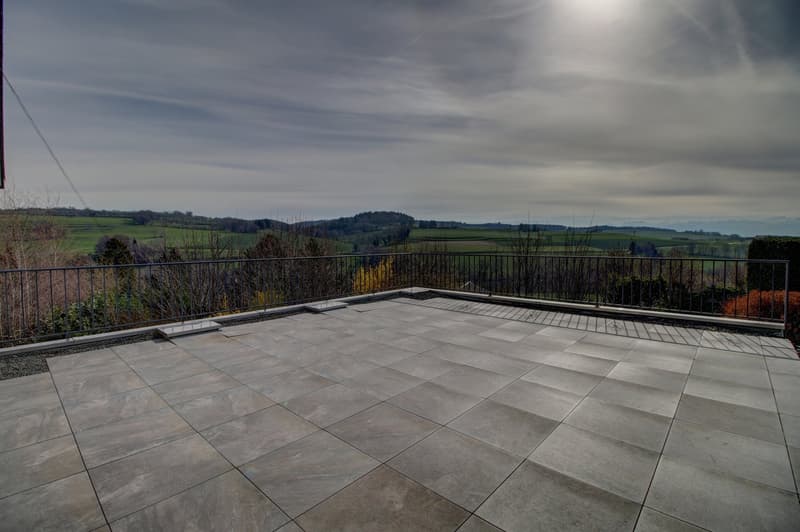 rooftop terrace, panoramic view, metal railing, large tiled flooring