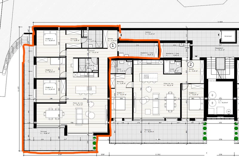 plan de l'appartement 4,5 pièces Sud-Ouest, au rez-supérieur (en rouge)