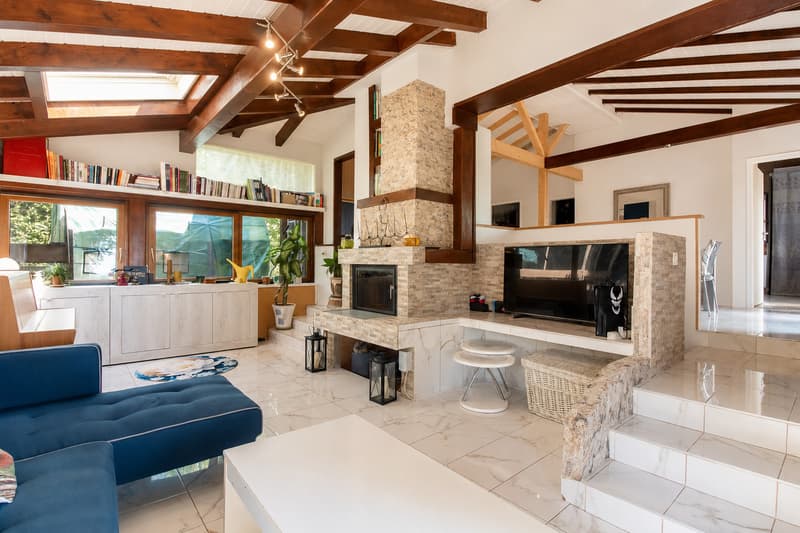 Homestaging (Murs blancs) : Séjour avec cheminée / Home Staging (White Walls): Living Room with Fireplace
