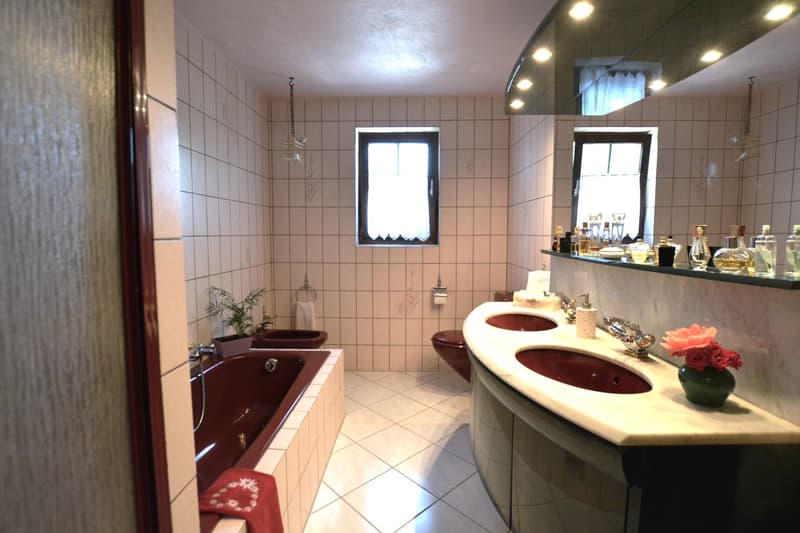 bathroom with bathtub, two sinks, mirror with shelf, and toilet