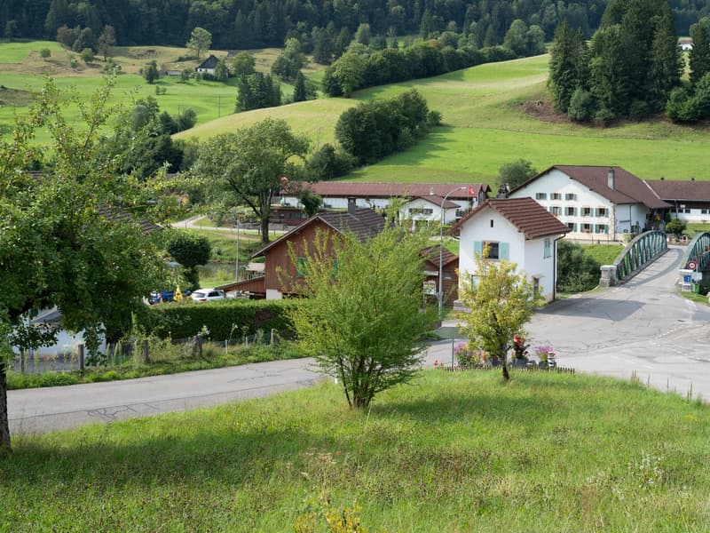 Two houses in a green setting with a bridge over a road