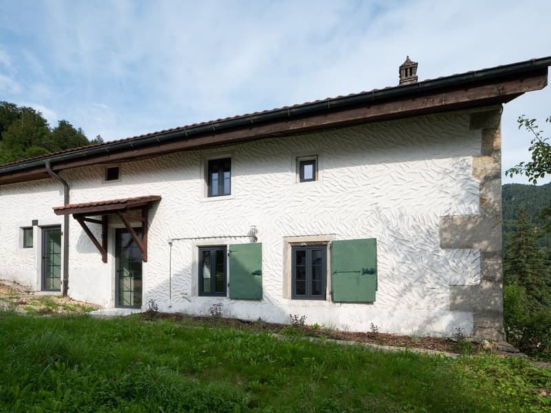 Raised ground floor house, white exterior, green shutters, multiple windows, brown roof