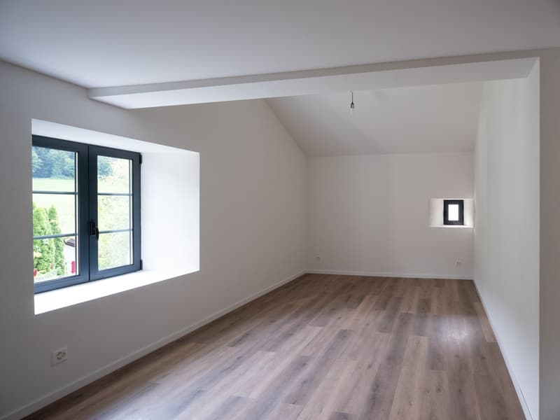 empty room, white walls, wooden floor, large window, small window, power outlet