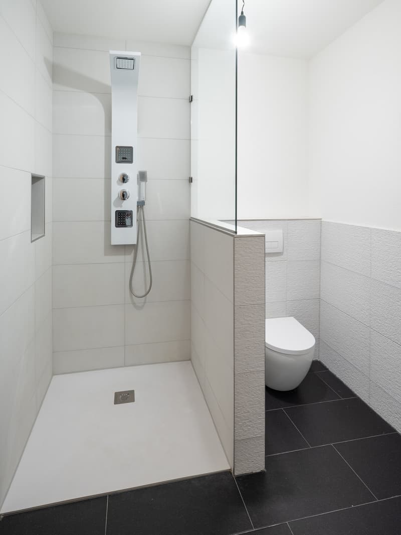 modern walk-in shower, wall-mounted fixtures, toilet, white tile walls, modern shower head