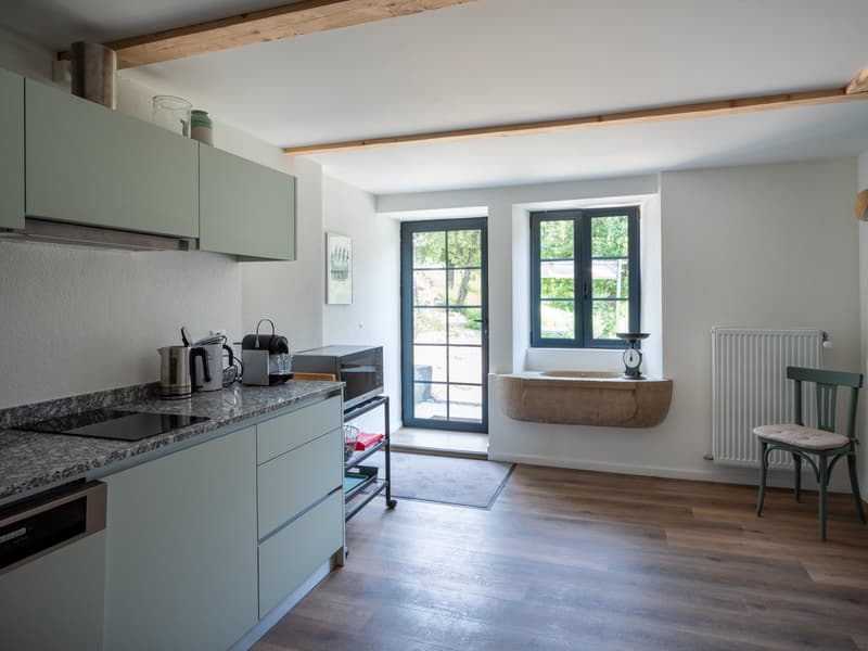 modern kitchen, granite countertops, gas stove, microwave, sink, wooden floor, two glass doors, window, radiator, wooden chair