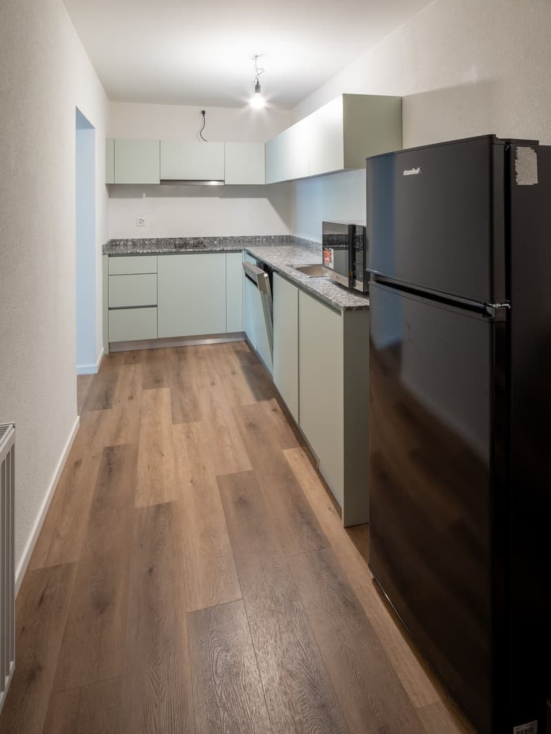 modern kitchen with wooden floor, gray countertops, white cabinets, black fridge, integrated dishwasher, stainless steel microwave, sink