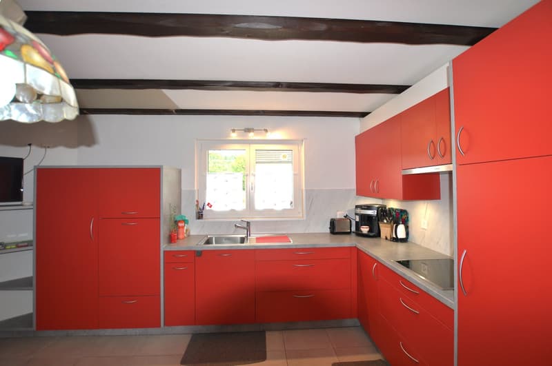 Fully equipped kitchen, red cabinets, white ceiling, window with blinds, stainless steel sink, granite countertops, modern appliances, red faucet, and a wooden window sill.