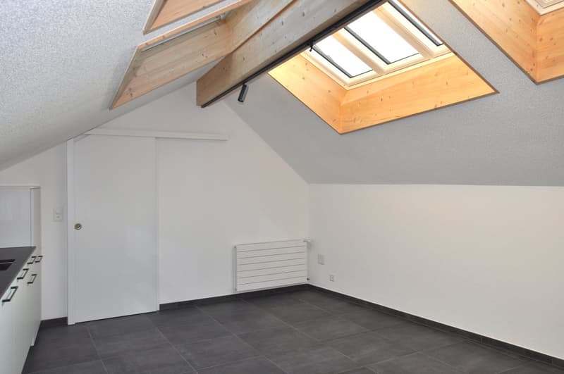 tiled floor, white walls, white entrance door, white cabinets, heater, skylight