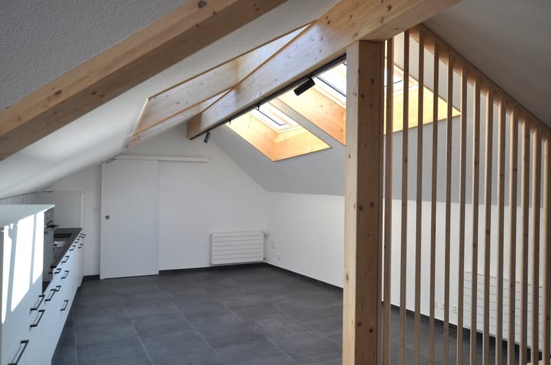 a room in the attic, wooden beams, a window, an appliance