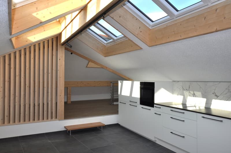 atop room, wood panels, skylights, white kitchen, bench