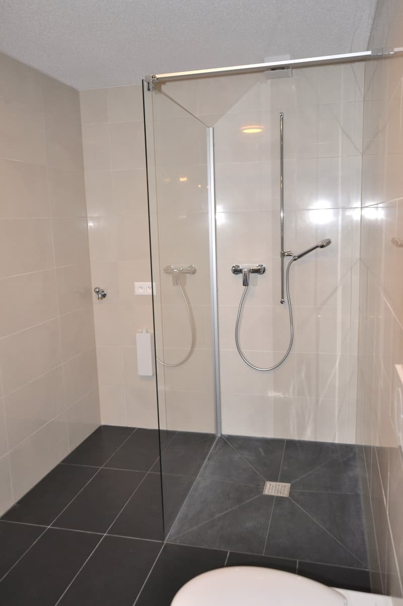 A contemporary shower room with a walk-in shower, white tiles, black tiled floor, glass walls, two shower heads and floor drain.