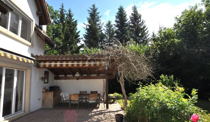 pergola, outdoor seating, dining table, plant pots, greenery, trees