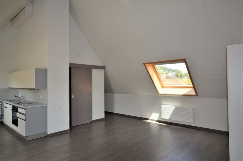 Open-plan living and kitchen, ceiling with wood panels, small skylight, tiled floor