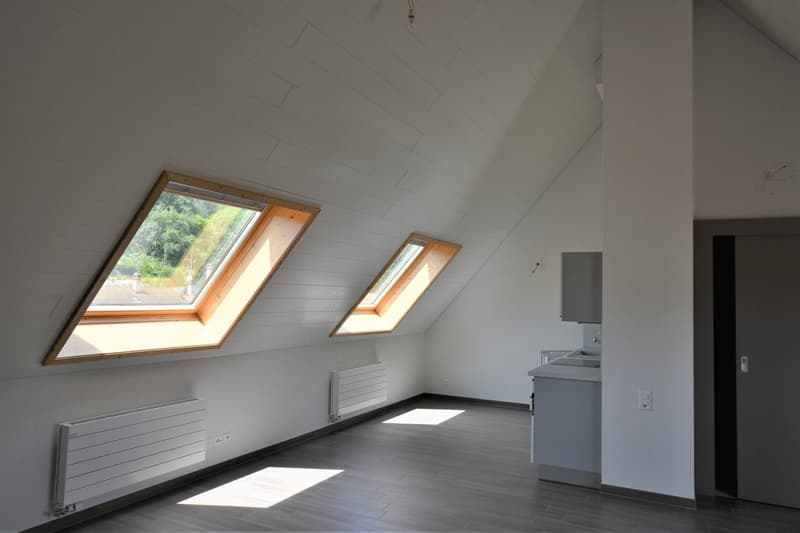 Empty attic room with wooden wall panels, skylights, radiators, grey floor and white walls